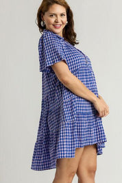 Umgee Full Size Gingham Tiered Button Detail Short Sleeve Dress Plus Size | Daverri Fashions