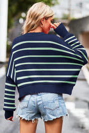 Striped Round Neck Drop Shoulder Slit Sweater | Sweaters Daverri Fashions