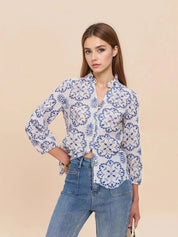 Blue Eyelet Embroidered Long Sleeve Shirt | Shirts Daverri Fashions