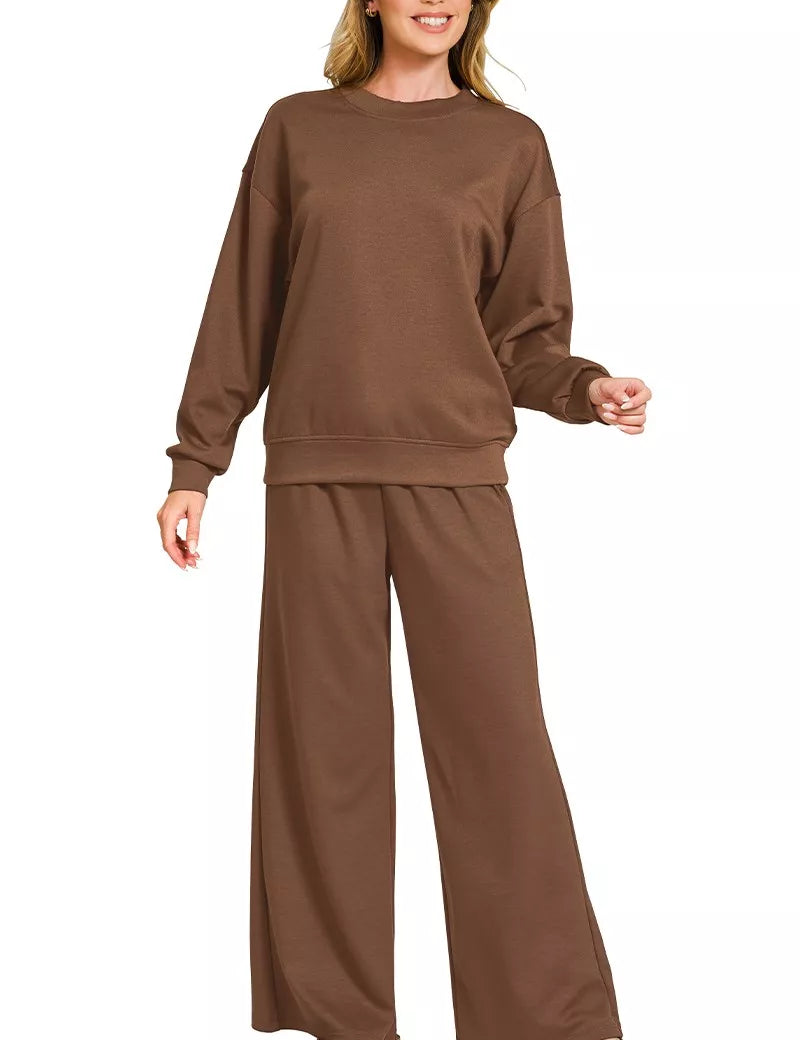 BROWN Zenana Scuba Crewneck Pullover and Pants Set Brown | Loungewear Sets Daverri Fashions