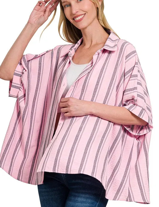 Zenana Woven Yarn-Dye Stripe Oversized Button Down Shirt | Daverri Fashions
