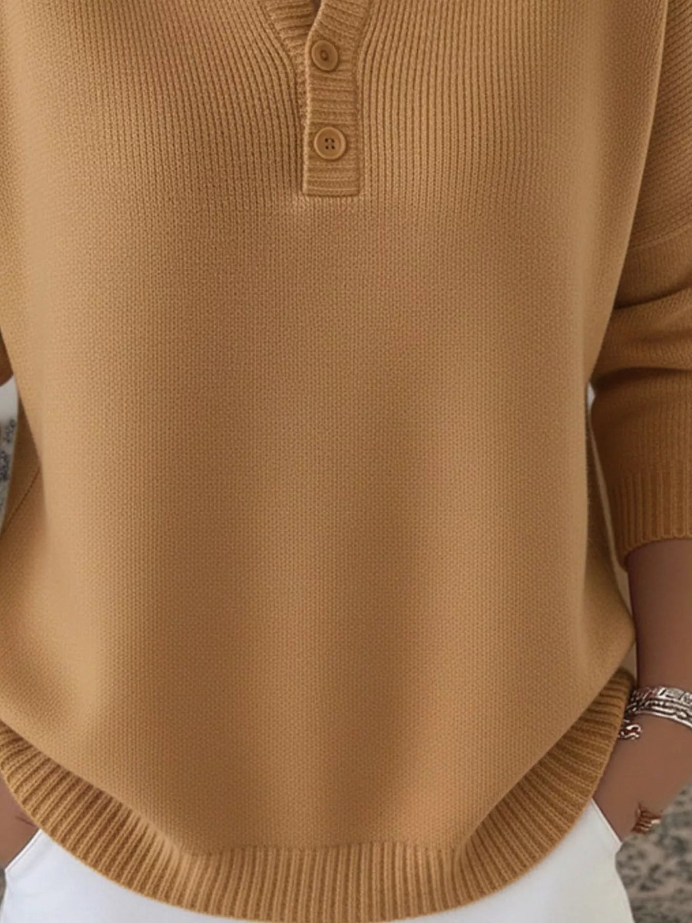 Full Size Half Button Long Sleeve Knit Top Plus Size | Knit Tops Daverri Fashions