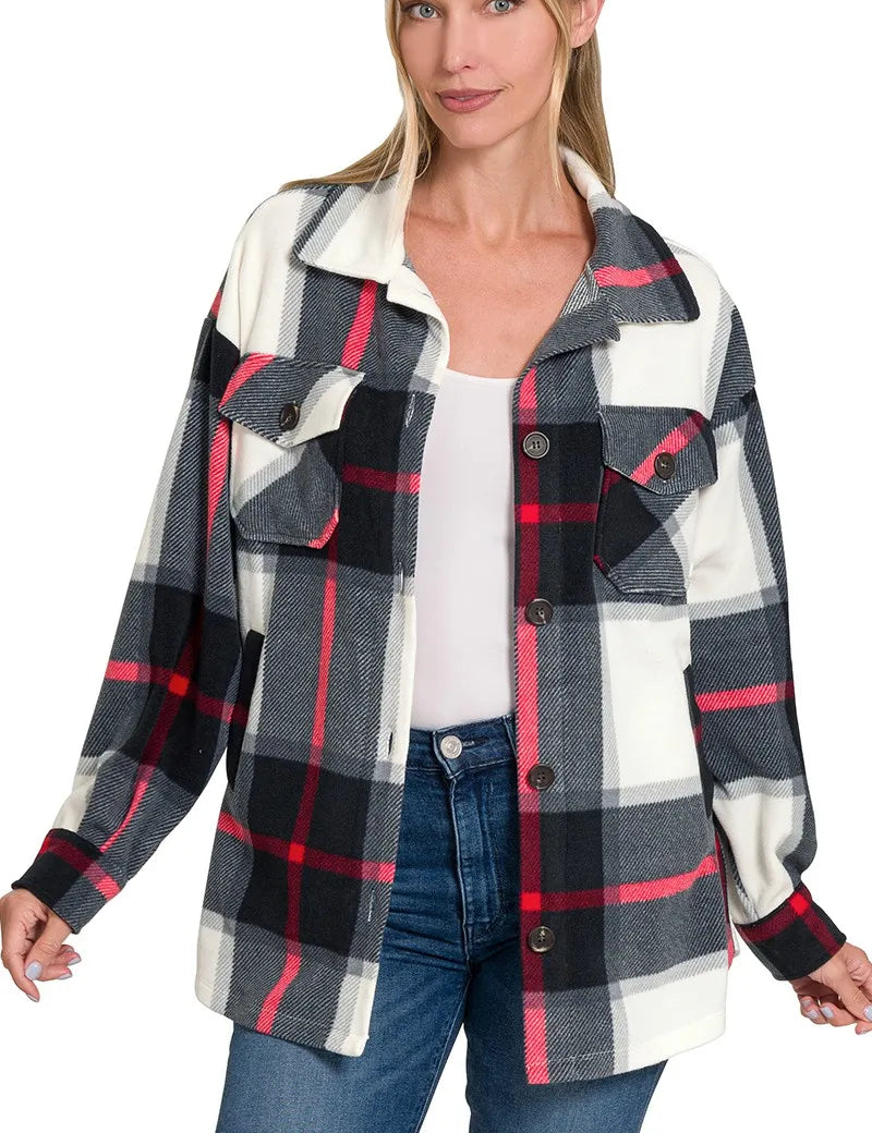 Zenana Oversized Plaid Fleece Shacket | Shackets Daverri Fashions