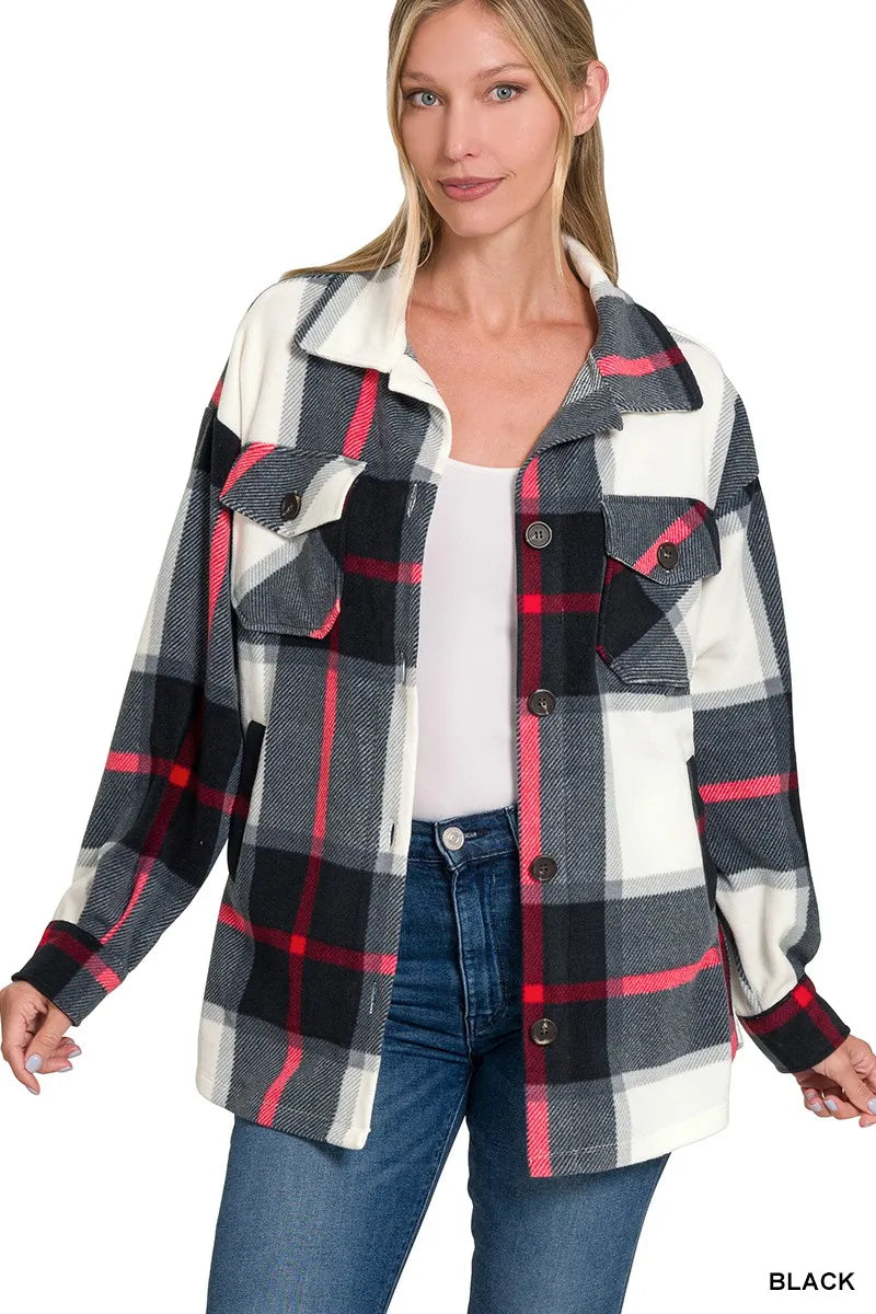 Zenana Oversized Plaid Fleece Shacket | Shackets Daverri Fashions