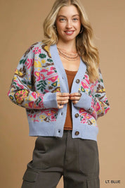 LT. BLUE Umgee Floral Knit Button-Up Cardigan | Daverri Fashions