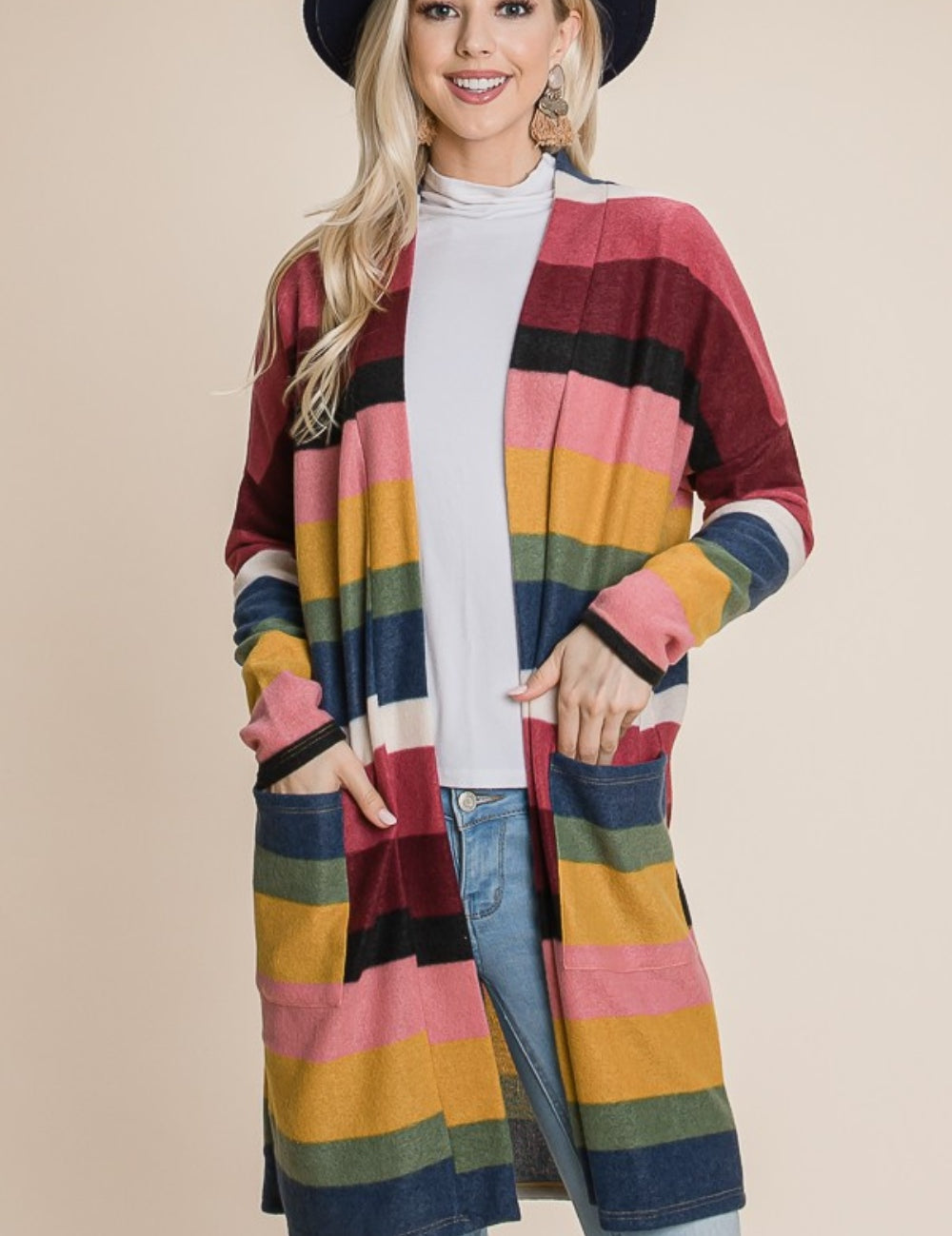Multi BOMBOM Color Block Striped Open Front Cardigan | Daverri Fashions