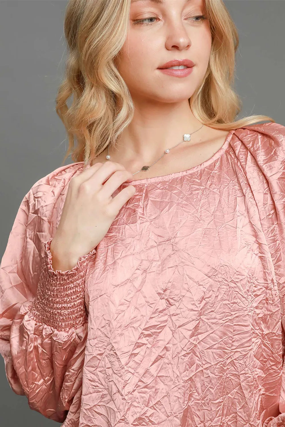Umgee Wrinkled Round Neck Lantern Sleeve Blouse | Daverri Fashions