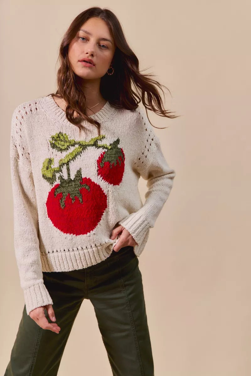 SO ME Vegetable Round Neck Long Sleeve Sweater | Sweaters Daverri Fashions