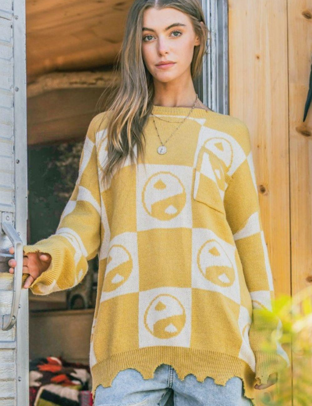 Mustard And The Why Checkerboard Sweater with Yin Yang Pattern | Sweaters Daverri Fashions