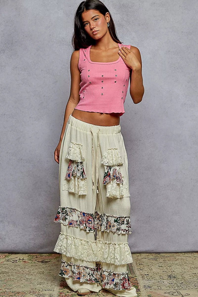 POL Drawstring Double Gauze Wide Leg Pants with Print and Lace Ruffle | Pants Daverri Fashions