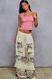 POL Drawstring Double Gauze Wide Leg Pants with Print and Lace Ruffle | Pants Daverri Fashions