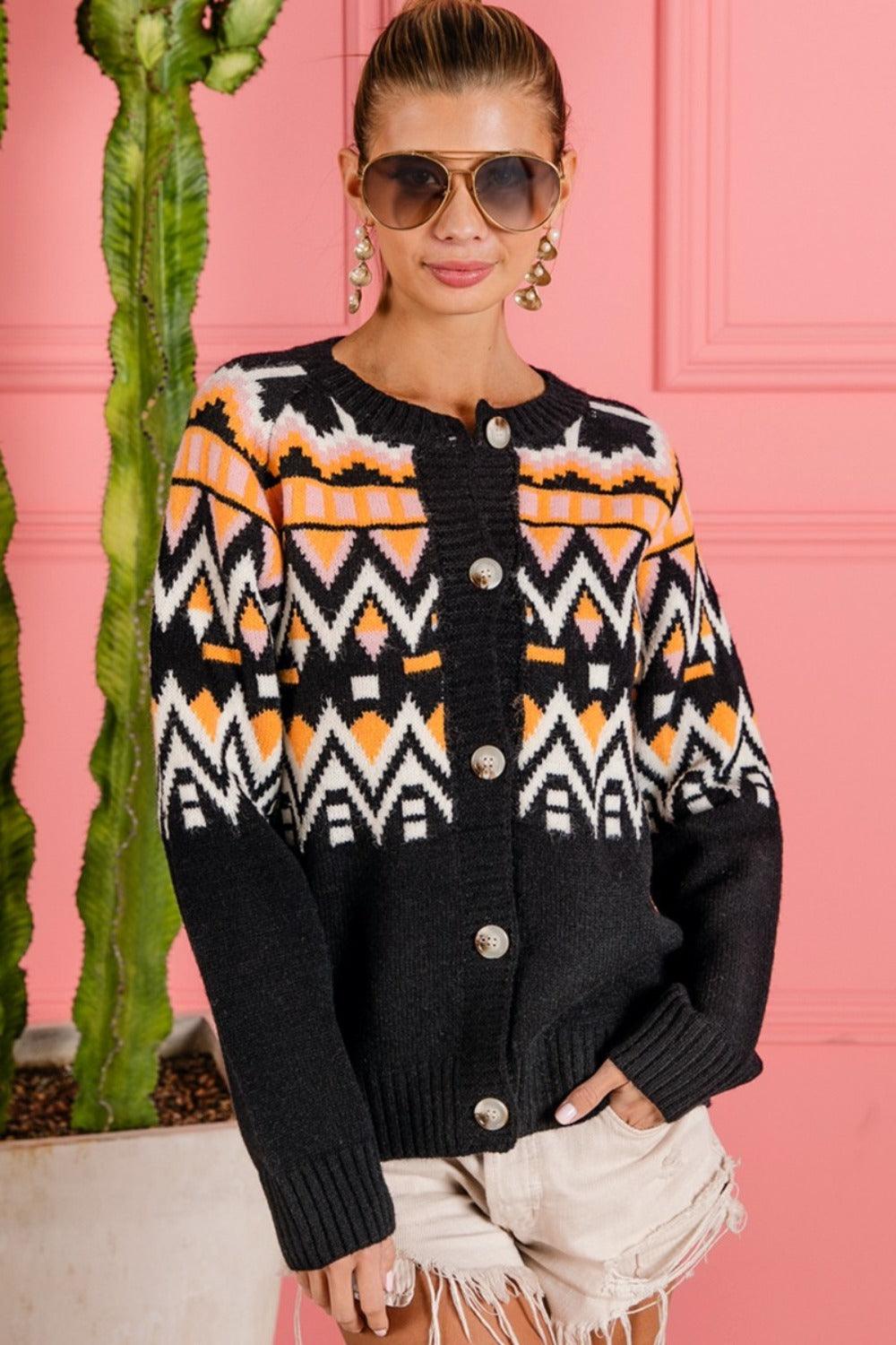 Black Multi BiBi Ethnic Pattern Button Up Knit Cardigan | Cardigans Daverri Fashions