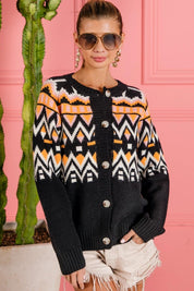 Black Multi BiBi Ethnic Pattern Button Up Knit Cardigan | Cardigans Daverri Fashions