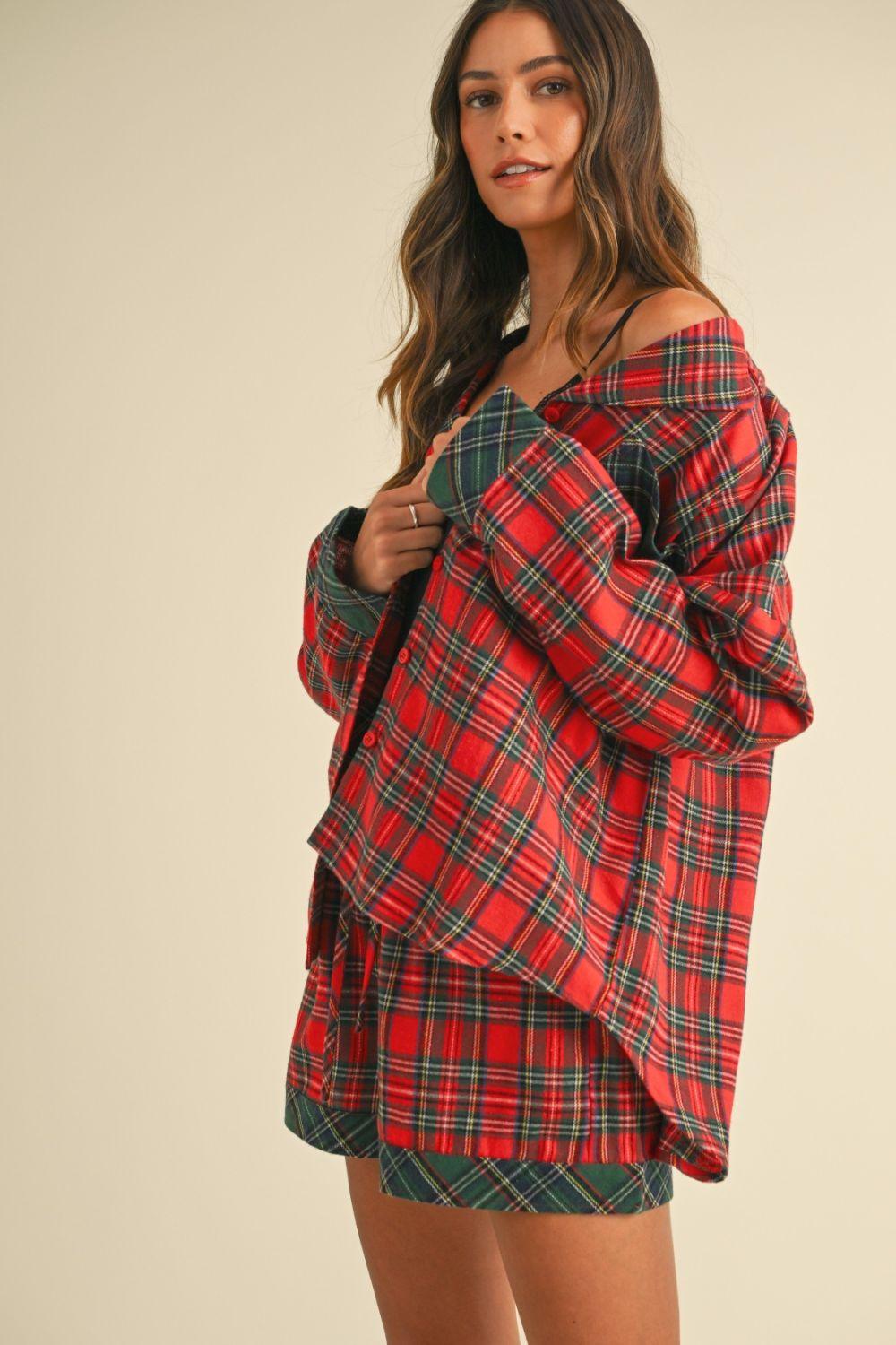 Annie Wear Contrast Plaid Long Sleeve Top and Shorts Set | Outfit Sets Daverri Fashions