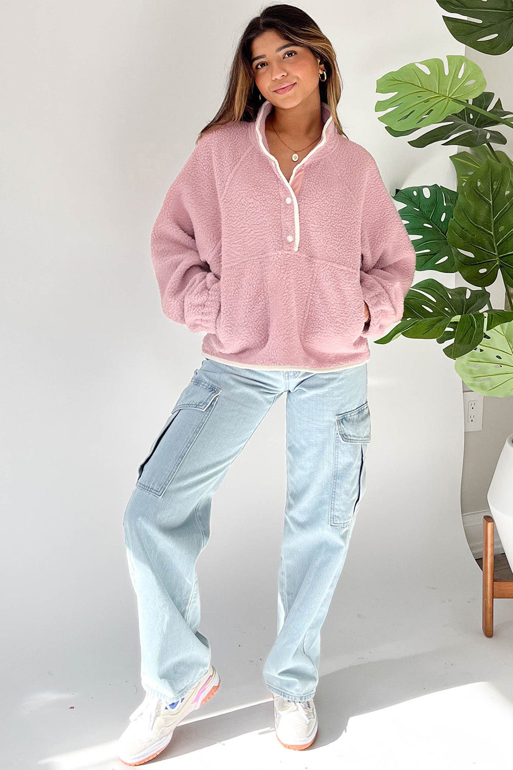 Fushia Stand Neck Half Button Zip Pocket Plush Sweatshirt | Sweatshirts Daverri Fashions