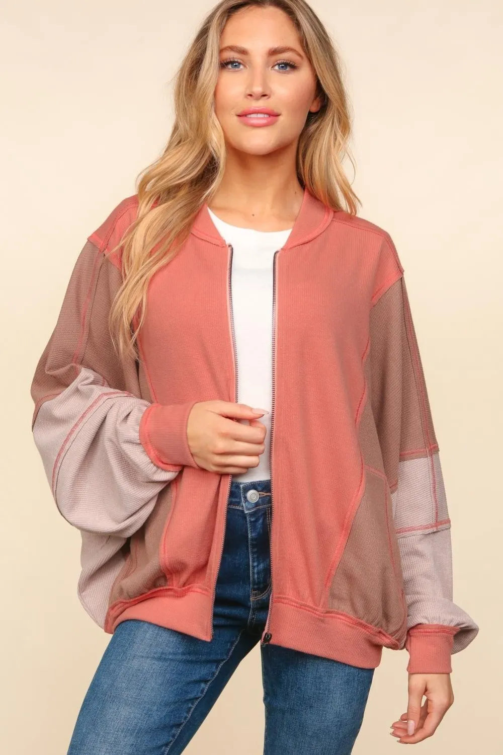 Haptics Zip Up Color Block Bomber Jacket with Side Pockets | Daverri Fashions