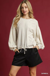 OATMEAL Umgee Linen Long Sleeve Top with Drawstring | Blouses Daverri Fashions