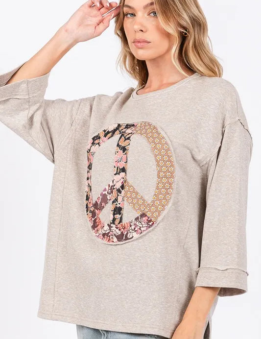 Oatmeal S SAGE + FIG Floral Peace Patch Round Neck Top | Tops Daverri Fashions