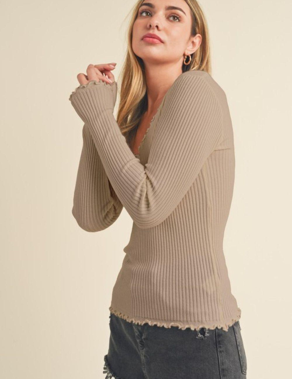 Khaki Aemi + Co Lettuce Hem Scoop Neck Long Sleeve Knit Top | Tops Daverri Fashions