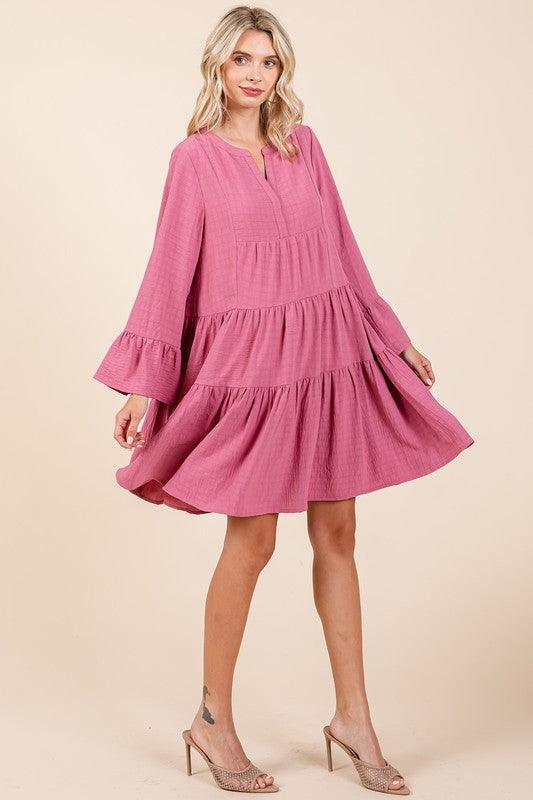 Mittoshop Tiered Notched Flare Sleeve Dress | Daverri Fashions