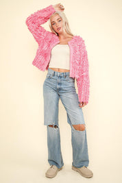 VERY J Shaggy Yarn Knit Zip Up Jacket Pink | Tops Daverri Fashions