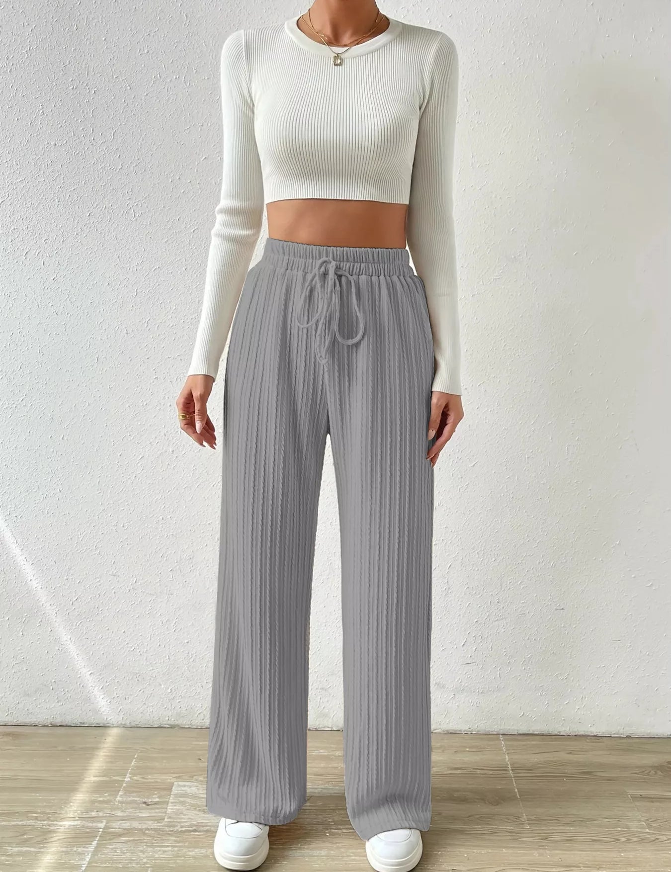 Gray Drawstring Wide Leg Pants | Loungewear Bottoms Daverri Fashions