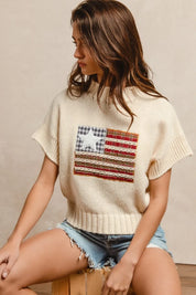 BiBi American Flag Patchwork Drop Shoulder Sweater | Sweaters Daverri Fashions