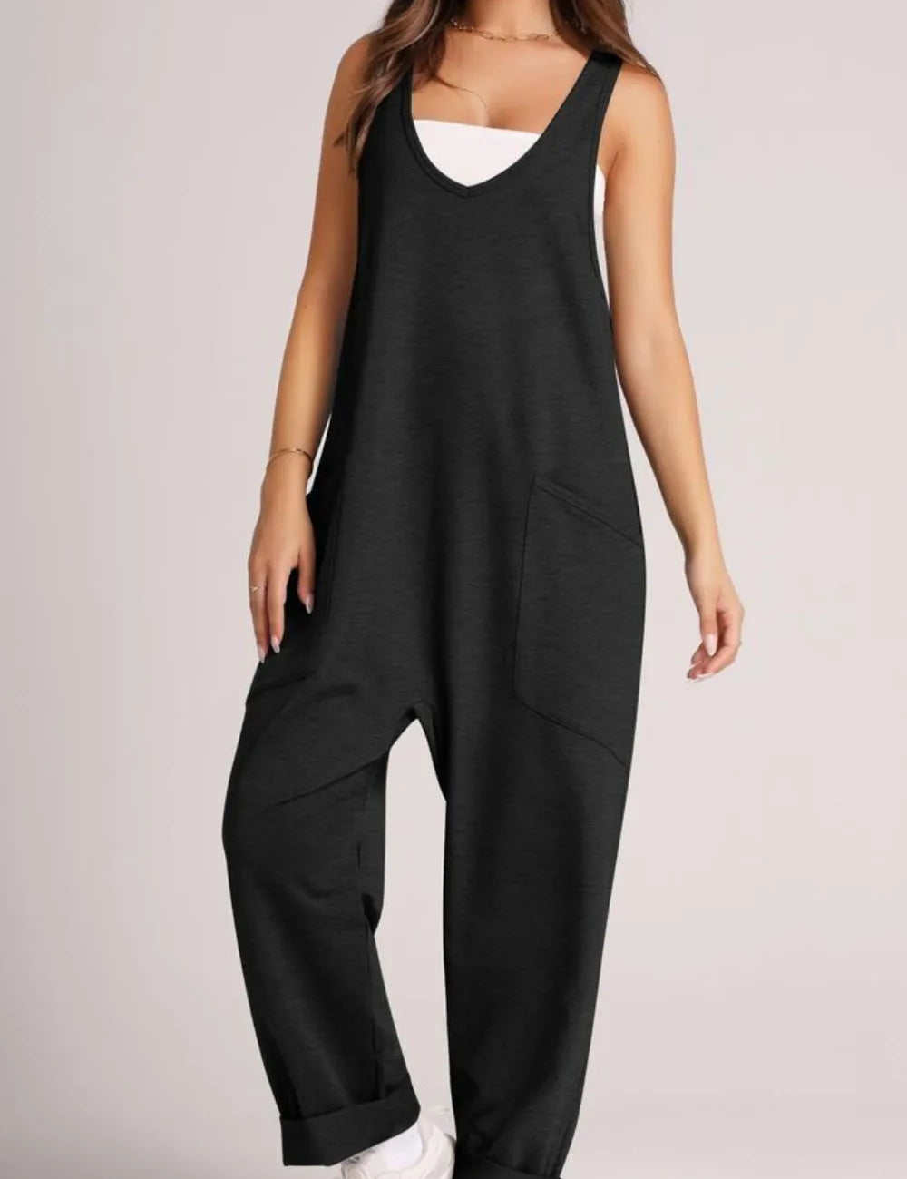 Black Lovelet V-Neck Wide Strap Overalls | Overalls Daverri Fashions