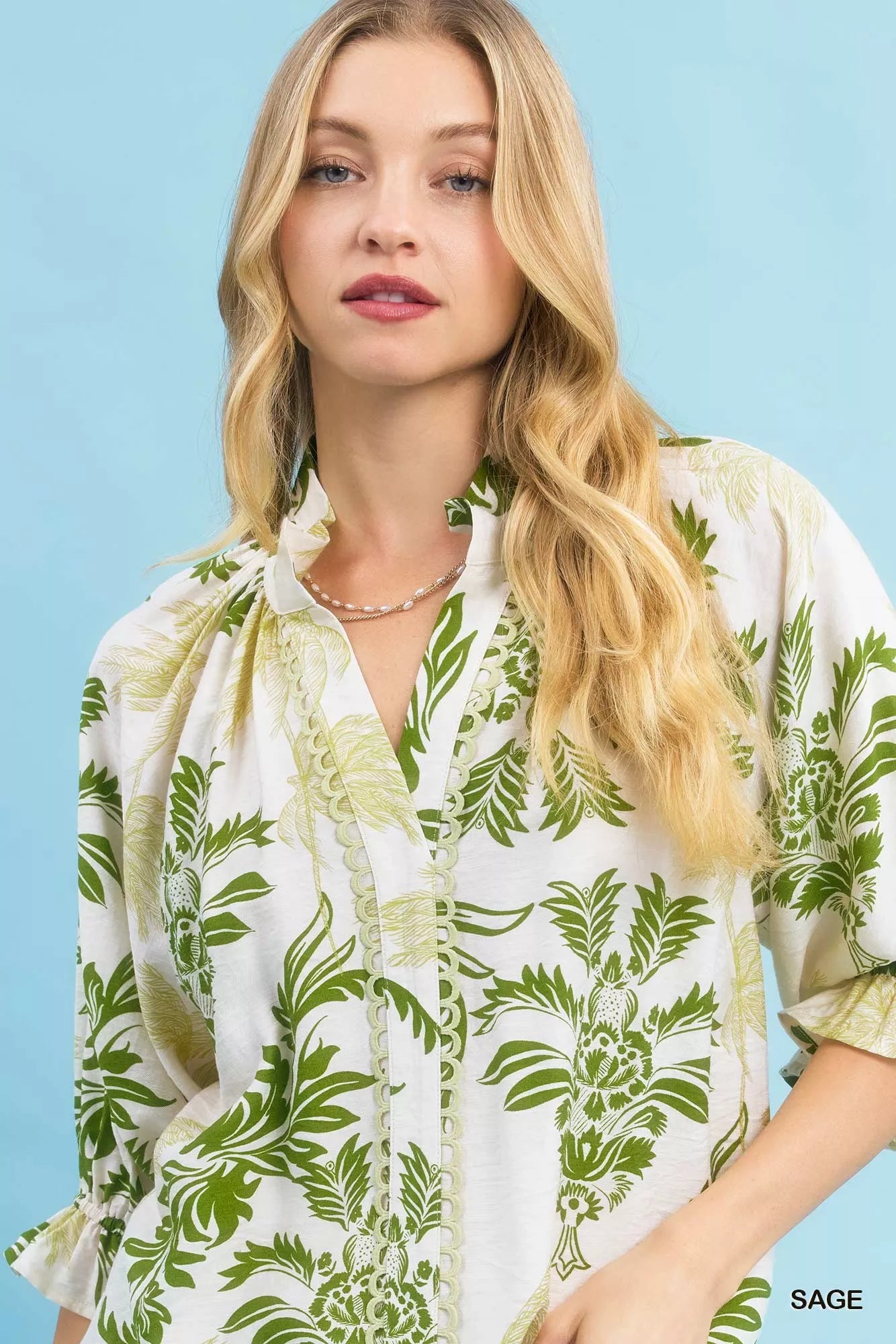 Umgee Leafy Damask Print Blouse with Contrast Scalloped Trim Detail | Blouses Daverri Fashions