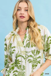 Umgee Leafy Damask Print Blouse with Contrast Scalloped Trim Detail | Blouses Daverri Fashions