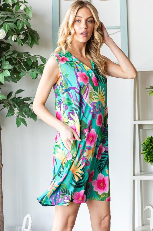 Heimish Full Size Floral Johnny Collar Sleeveless Dress | Mini Dresses Daverri Fashions
