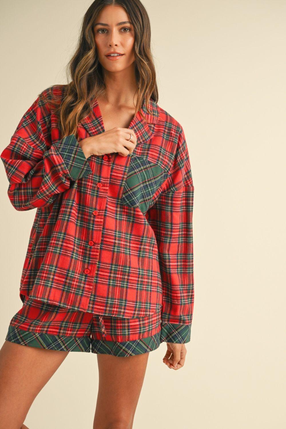 Annie Wear Contrast Plaid Long Sleeve Top and Shorts Set | Outfit Sets Daverri Fashions