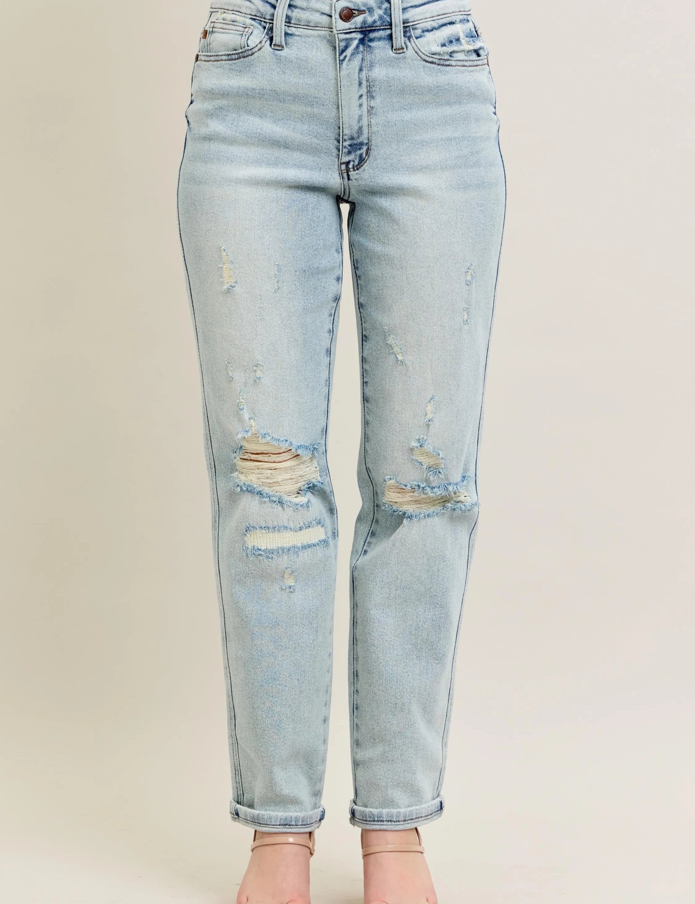 Judy Blue Full Size Mr Repair Stitch Detail Destroy Single Cuff Bf Jeans Plus Size | Jeans Daverri Fashions