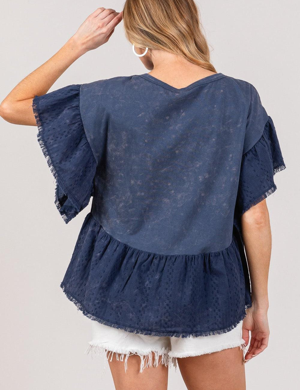 SAGE + FIG Ruffle Sleeve Washed Short Sleeve Blouse | Blouses Daverri Fashions
