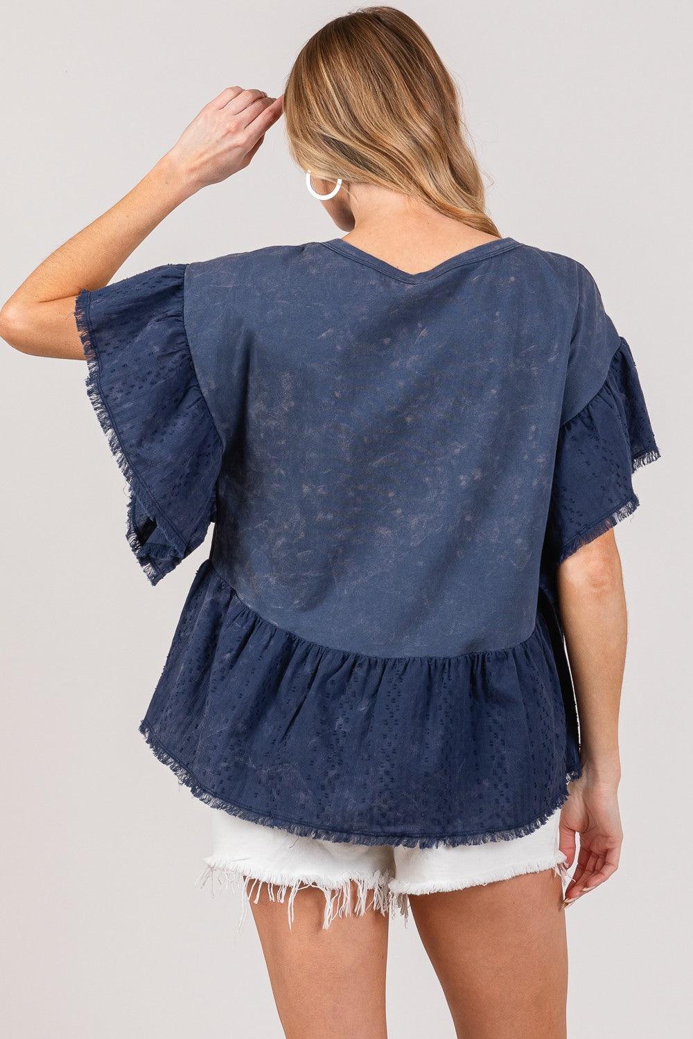 SAGE + FIG Ruffle Sleeve Washed Short Sleeve Blouse | Blouses Daverri Fashions