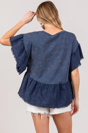 SAGE + FIG Ruffle Sleeve Washed Short Sleeve Blouse | Blouses Daverri Fashions