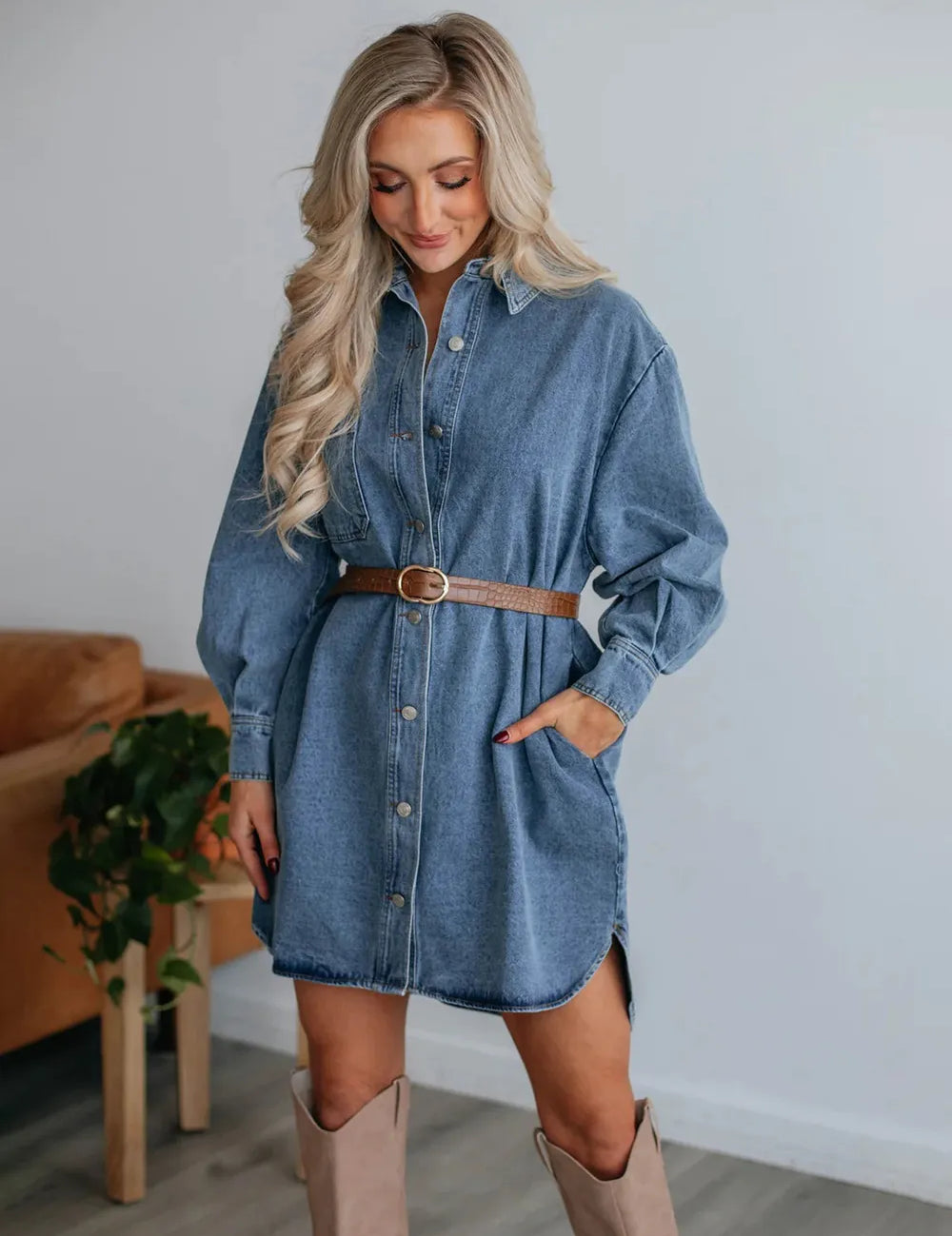 Medium Button Up Collared Neck Long Sleeve Denim Dress | Daverri Fashions