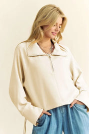Ivory Davi & Dani Drawstring Hem Half Zip Raglan Sleeve Sweatshirt | Sweatshirts Daverri Fashions