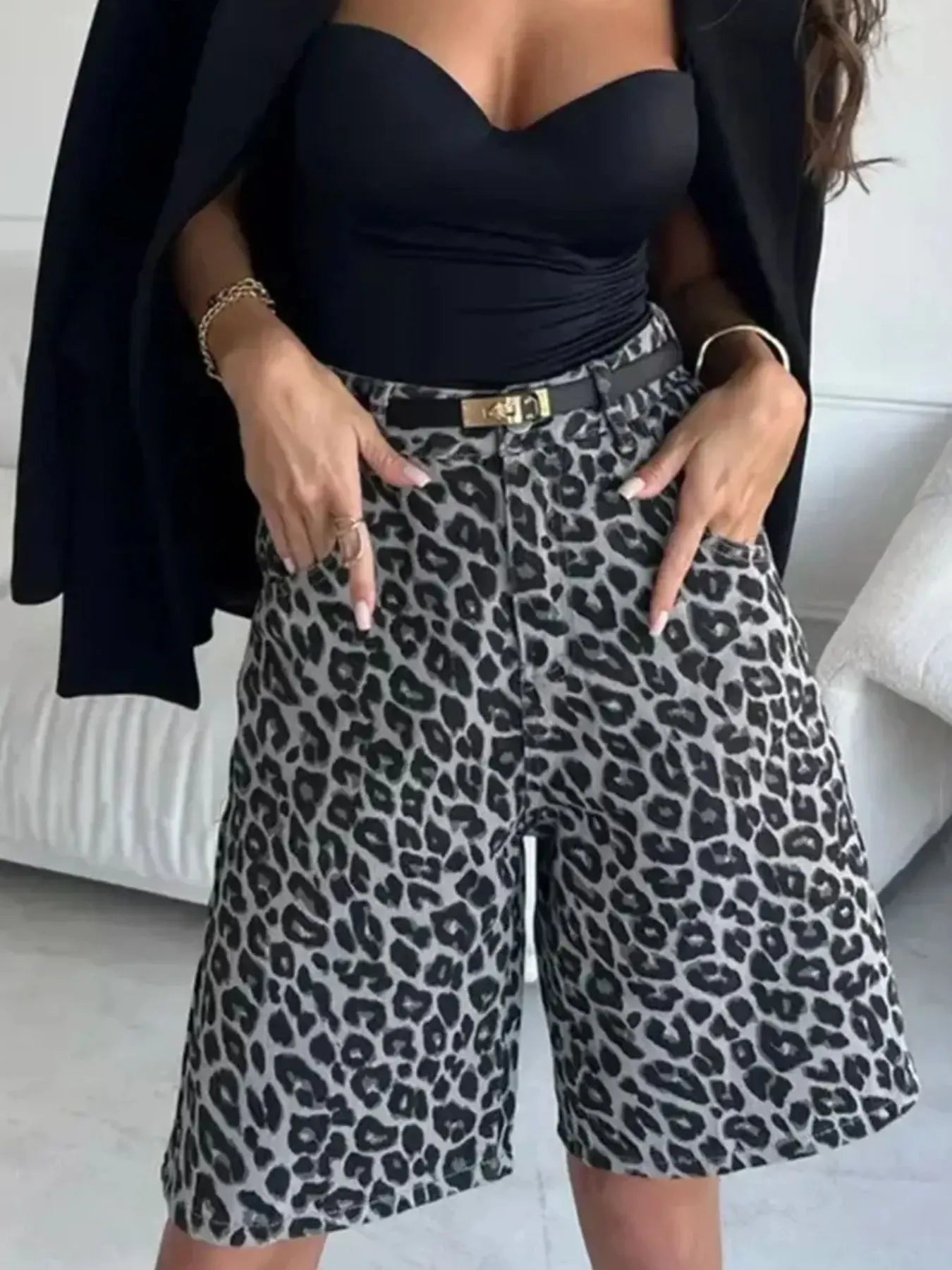 Leopard Print High-Waisted Denim Shorts | Shorts Daverri Fashions