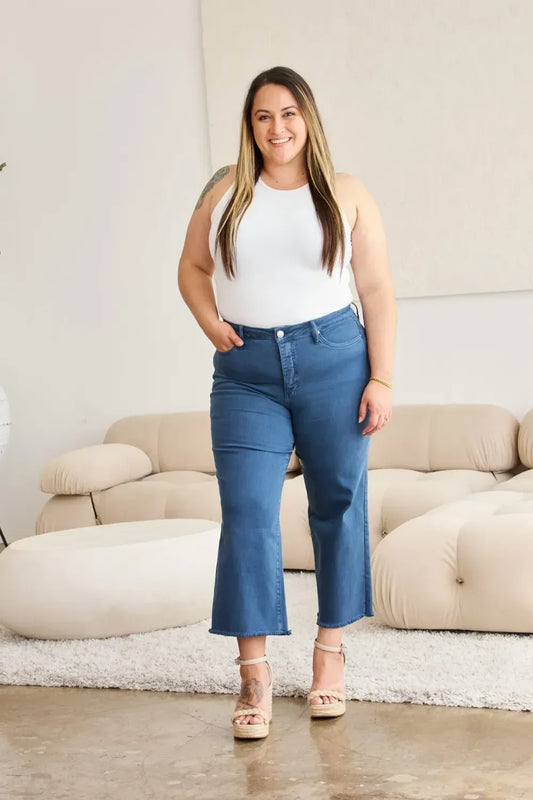 RFM Crop Chloe Tummy Control High Waist Raw Hem Jeans - DAVERRI FASHIONS