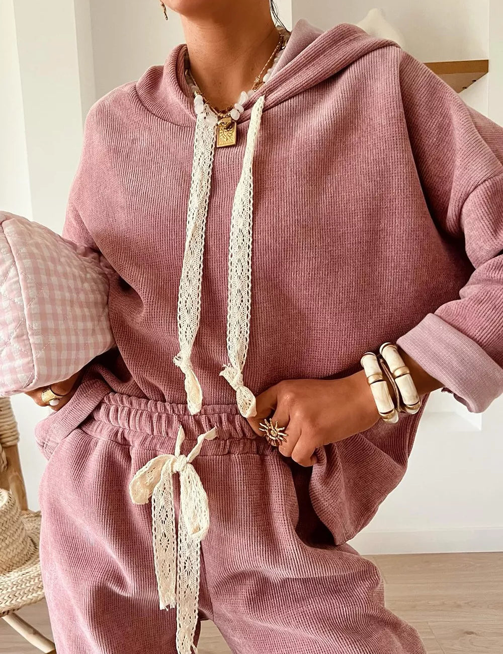 Lace Detail Dropped Shoulder Hoodie and Pants Set | Loungewear Daverri Fashions