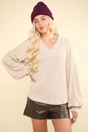 Oatmeal VERY J Two Tone Ribbed V-Neck Exposed Seam Top | Knit Tops Daverri Fashions