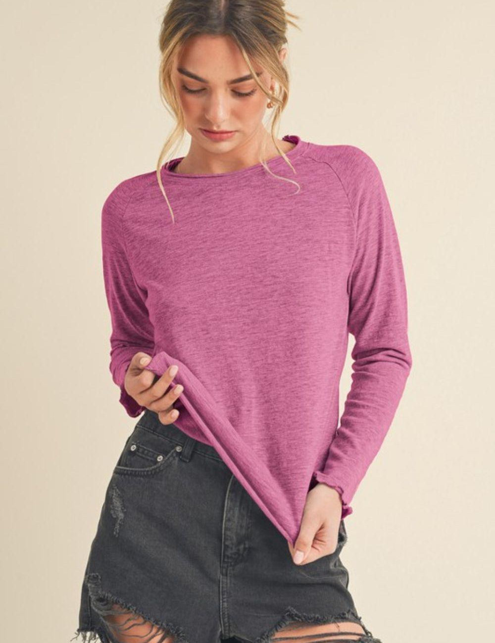 Red-Violet L Aemi + Co Lettuce Hemline Round Neck Raglan Sleeve T-Shirt | T-Shirts Daverri Fashions