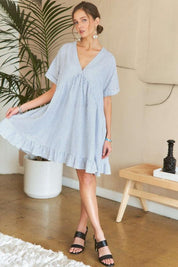 ADORA Ruffled Hem Striped V-Neck Babydoll Dress | Babydoll Dresses Daverri Fashions