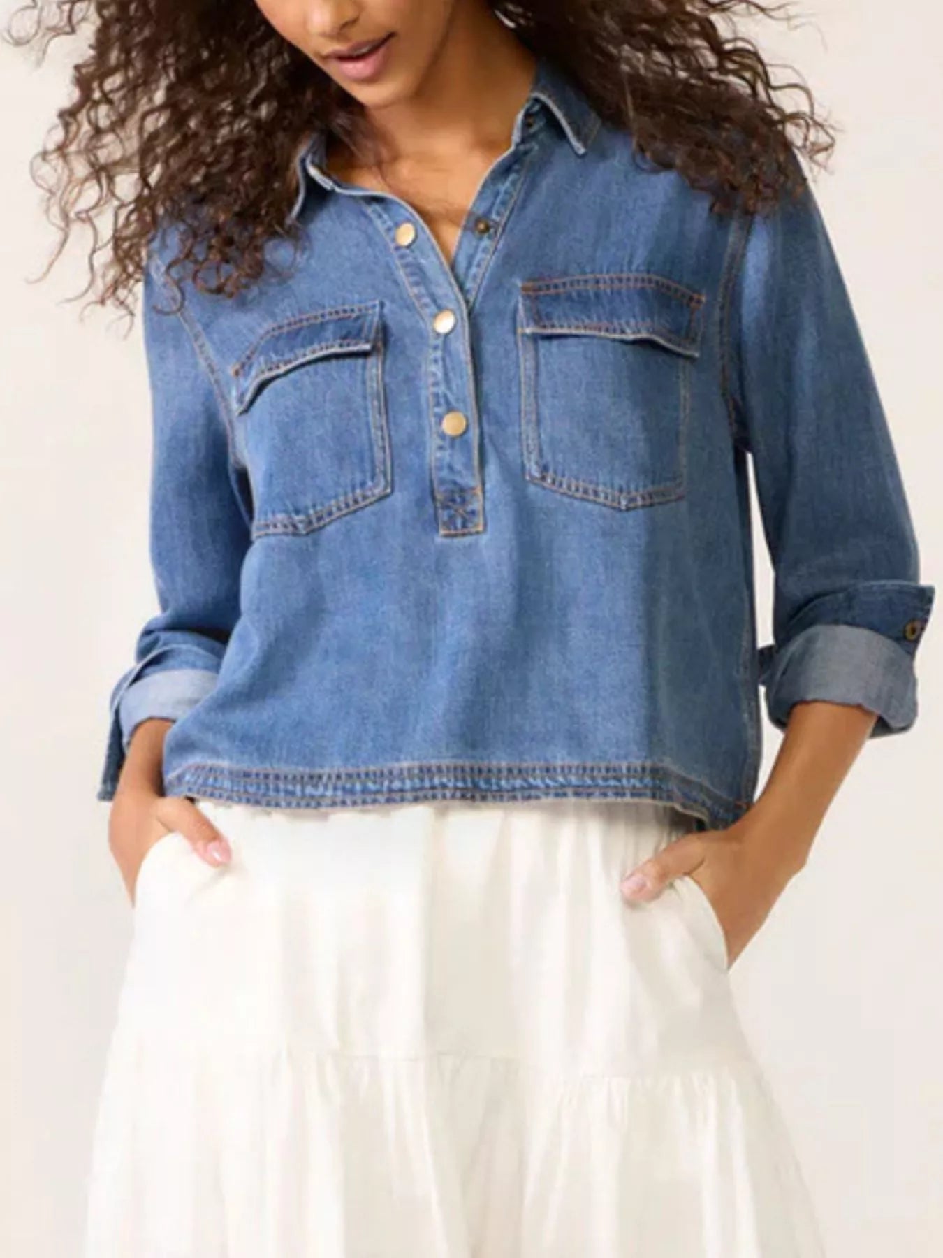 Half Snap Cropped Denim Top | Tops Daverri Fashions