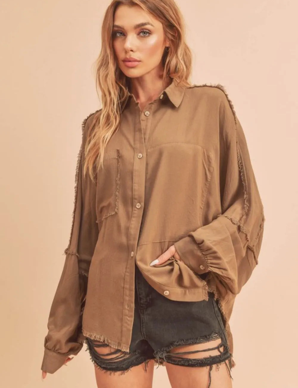 Camel Aemi + Co Raw Edge Exposed Seam Collared Neck Long Sleeve Shirt | Shirts Daverri Fashions