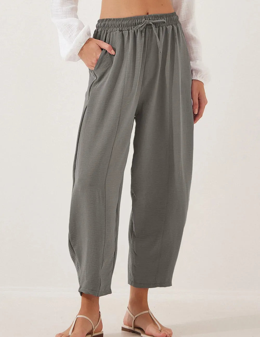 Gray Full Size Drawstring Cropped Jogger Pants Plus Size | Pants Daverri Fashions