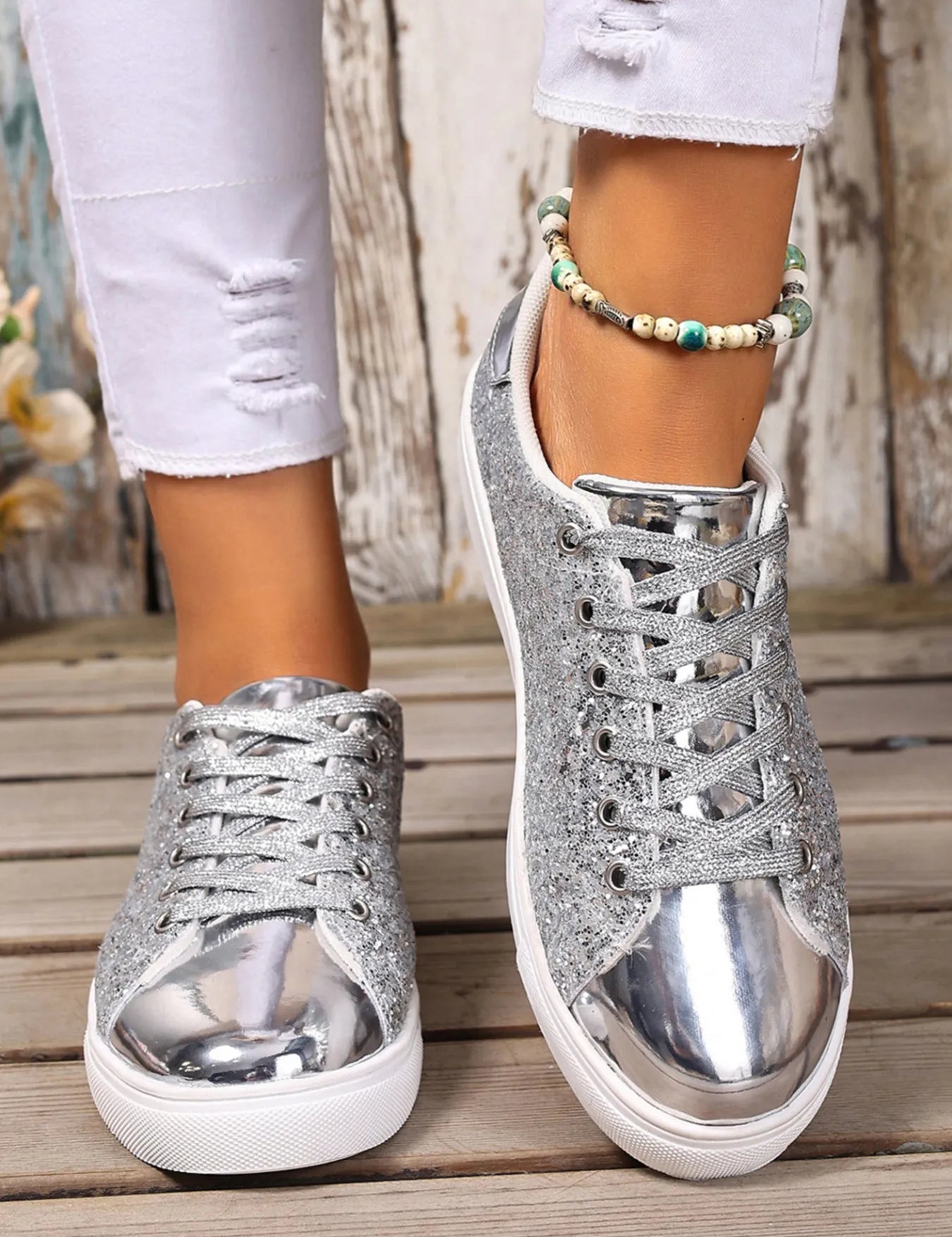 Silver Sequin Lace Up Sneakers | Sneakers Daverri Fashions