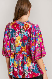 Umgee Full Size Floral Print Tie Neck Peplum Blouse Plus Size | Blouses Daverri Fashions