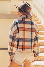 BiBi Brushed Plaid Crop Jacket with Pockets | Jackets Daverri Fashions